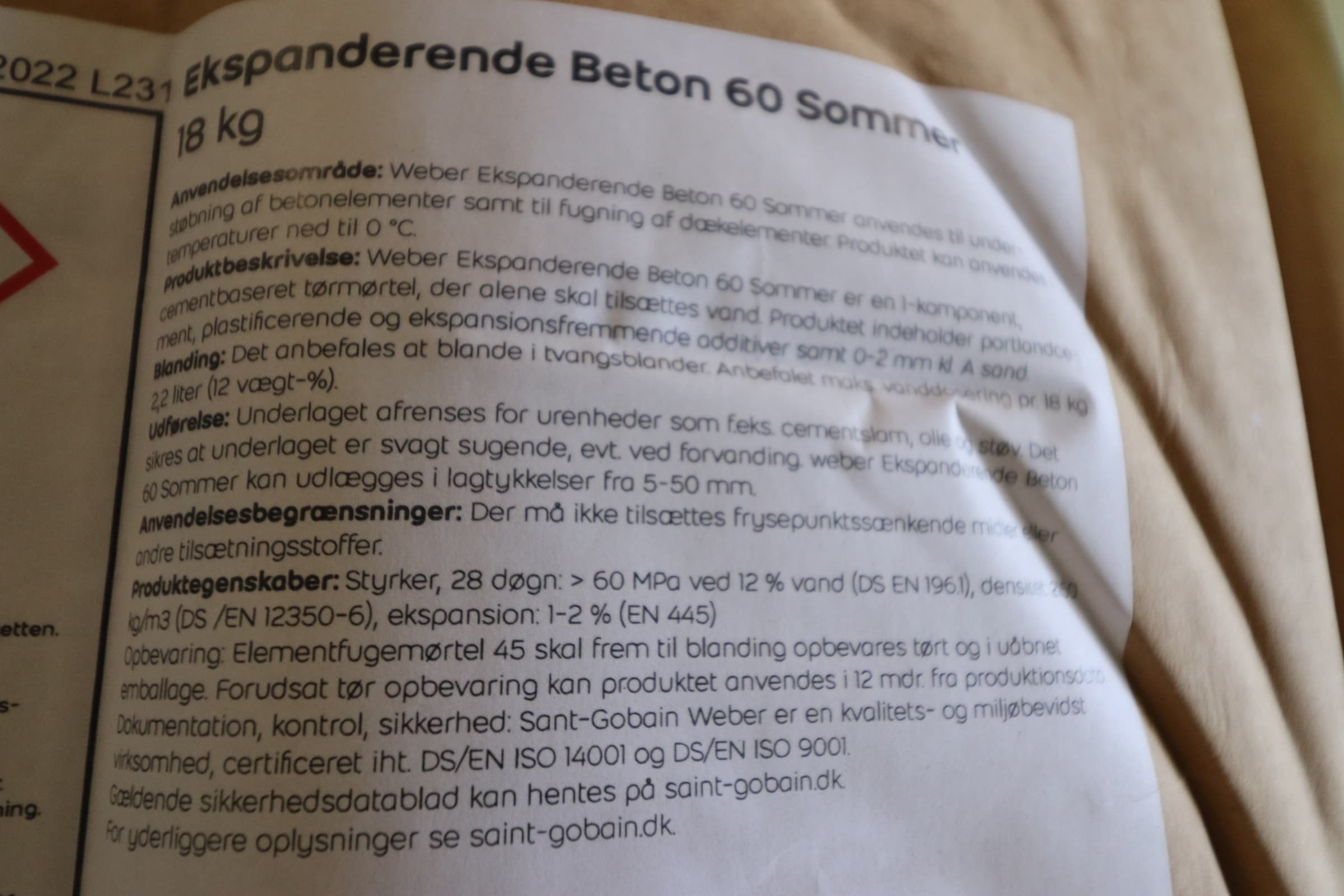 Weber ekspanderende Beton 60 Sommer. pris pr/ps